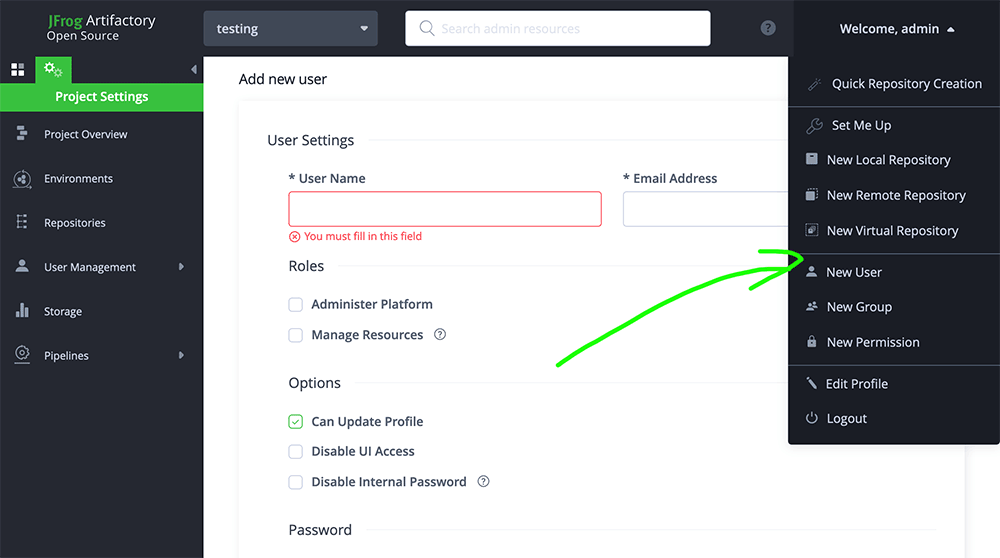 Adding user in JFrog using menu