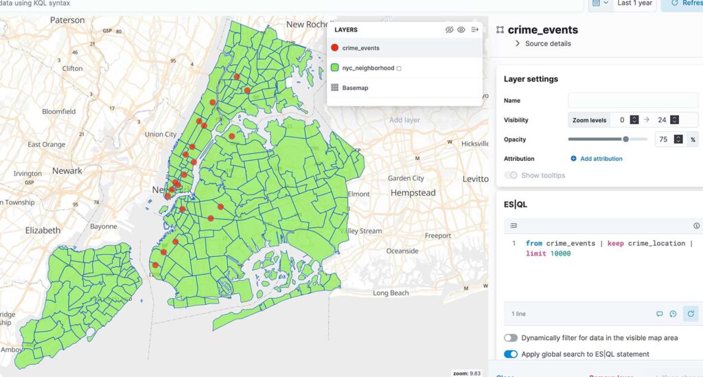 crime data map in kibana geospatial esql