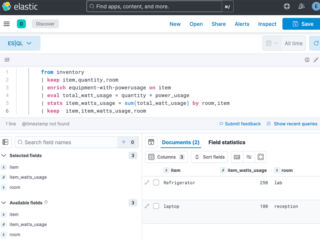 results of esql query in kibana