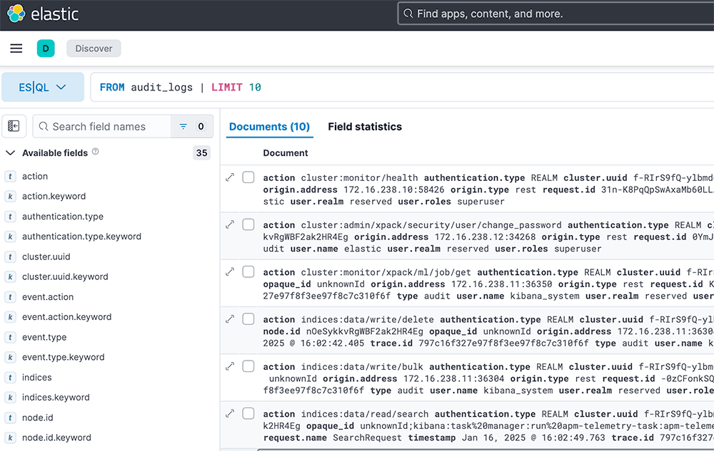 kibana audit logs with esql