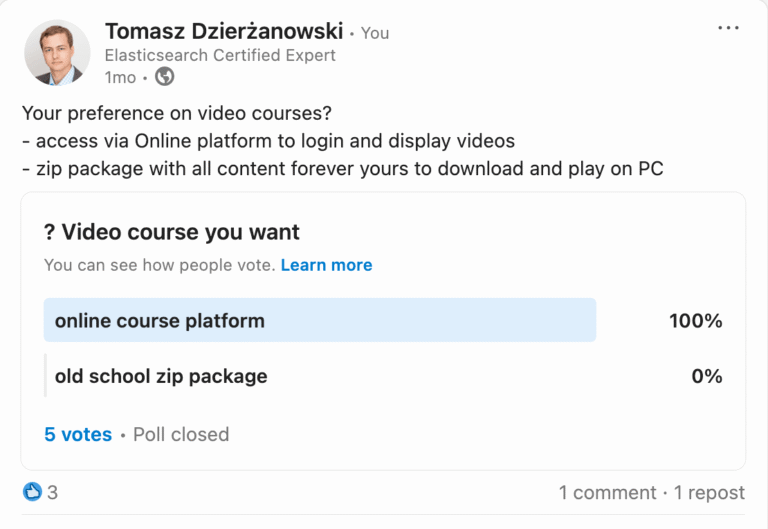 poll results proving people want course platform instead of zip package